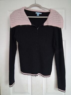 Lili Bleu Black Knit Zip Sweater with Pink Collar XL
